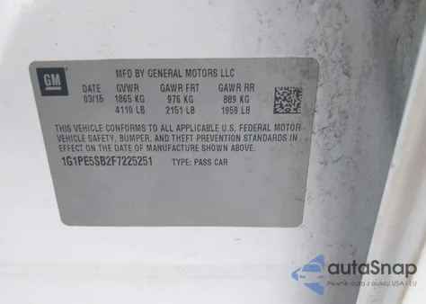 2015 Chevrolet Cruze 2Lt Auto z USA, uszkodzony, nr VIN 1G1PE5SB2F7225251